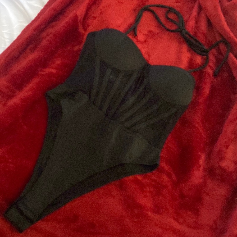 BLACK bodysuit, mesh back, double strapped. K Toö